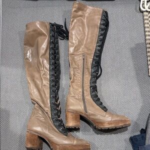 Jeffrey Campbell Taupe and Black Lace-Up Knee-High Block Heel Boots